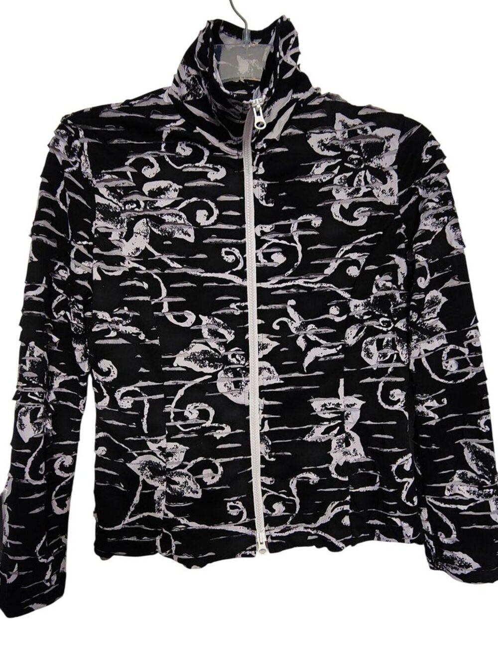Clara S. Medium Zip Front Jacket, Black White Flower Textured Long Sleeve Spring